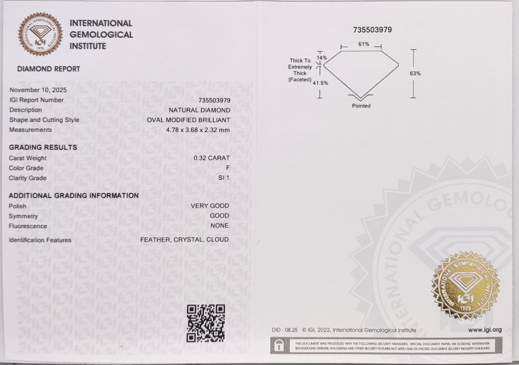 没有保留价 - 1 pcs 钻石  (天然)  - 0.32 ct - 椭圆形 - F - SI1 微内含一级 - 国际宝石研究院（IGI） #4.3