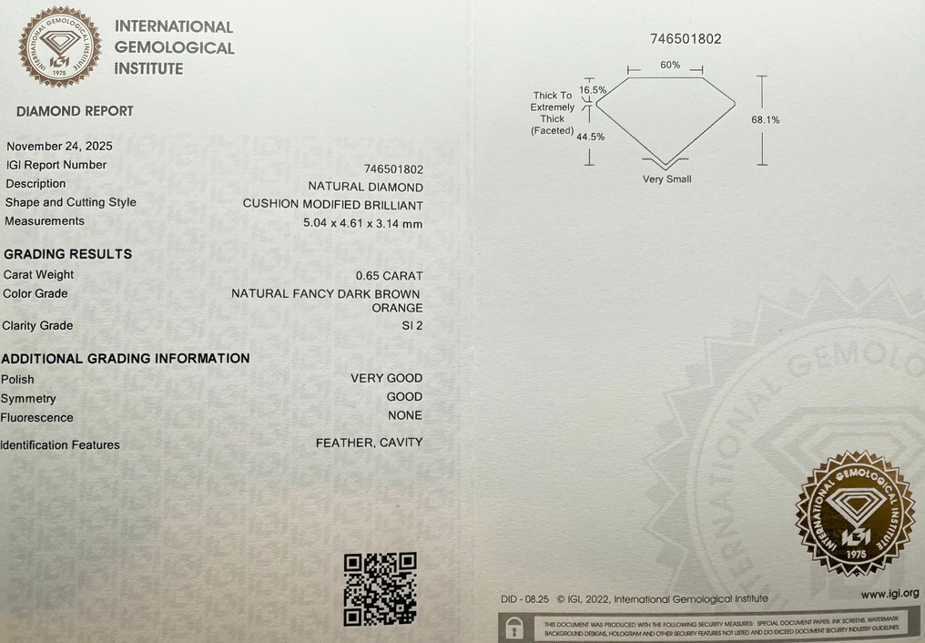 没有保留价 - 1 pcs 钻石  (天然色彩的)  - 0.65 ct - 枕形 - Fancy dark 棕色 橙色 - SI2 微内含二级 - 国际宝石研究院（IGI） #2.1