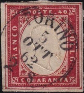 意大利古國-薩丁尼亞 1861 - IV^ Em. 40 c. 红色朱红色,配有4条Sass 16Da VAR大边框的取景线,已使用,Spl。 #1.0