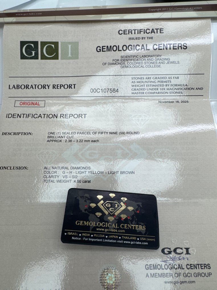 没有保留价 - 59 pcs 钻石  (天然色彩的)  - 4.00 ct - 圆形 - Light 黄色, 棕色 - SI2 微内含二级, VS2 轻微内含二级, SI1 微内含一级 - 以色列宝石中心（G.C.I.） - G-H #2.1