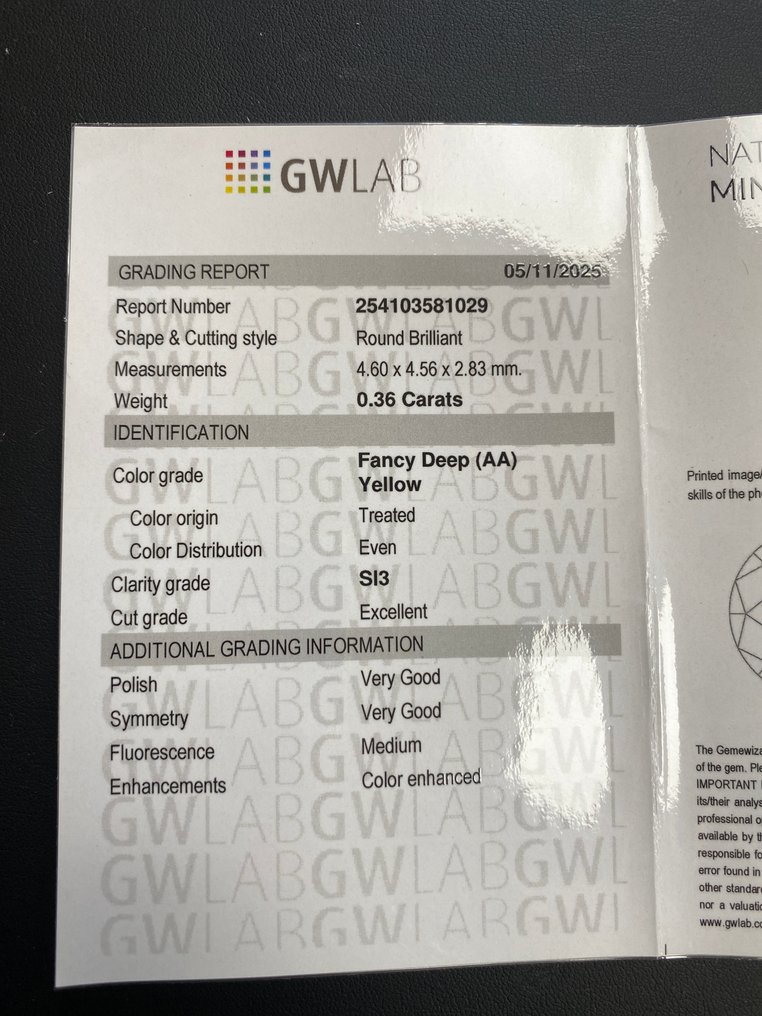 Ingen reservasjonspris - 1 pcs Diamant  (Fargebehandlet)  - 0.36 ct - Rund - Fancy deep Gul - SI3 - Gemewizard Gemologisk laboratorium (GWLab) #3.2