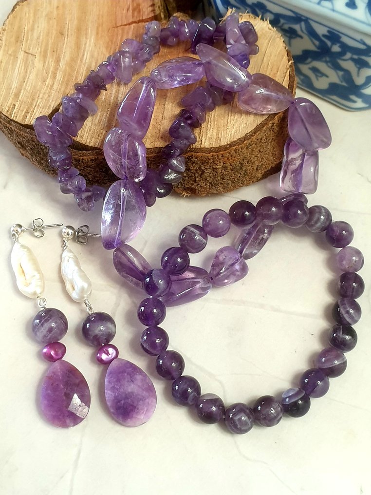 Θεματική συλλογή - Συλλογή κοσμημάτων 4 τεμαχίων με αμέθυσο και μαργαριτάρι. #1.0