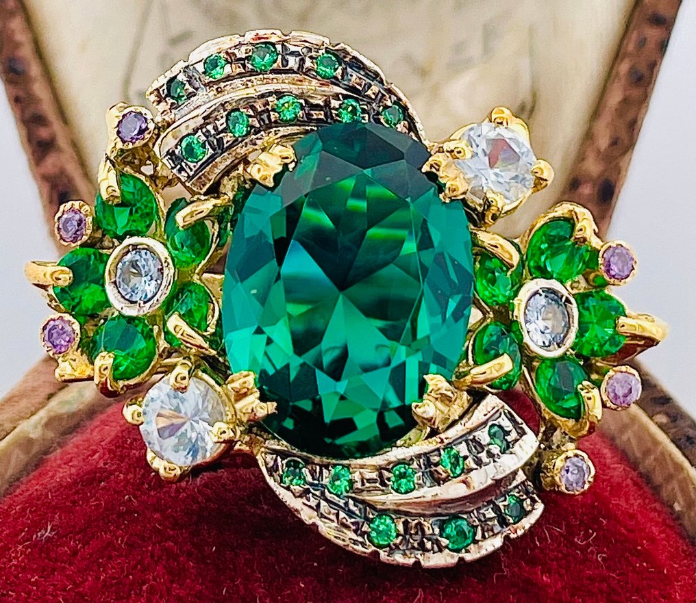 Ingen mindstepris - Ring - 9 kt. Gulguld, Sølv Smaragd - Akvamarin #1.0