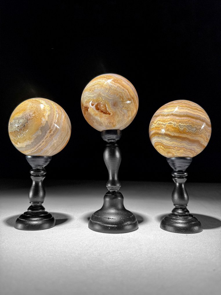 NO RESERVE PRICE - Wonderful set of 3 Lace Agate Sphere on custom stands- 1800 g - (3) #1.0