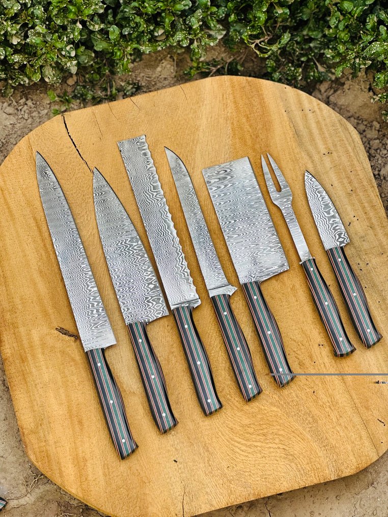 Servizio di coltelli da tavola (7) - Acciaio, Composito - Set da chef fatto a mano #1.0