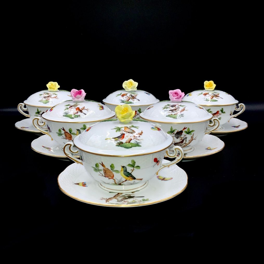 Herend - Exquisite Set of Soup Bowls with Saucers (18 pcs) - "Rothschild Bird" Pattern - Σετ μπολ σούπας - Χειροποίητο πορσελάνη ζωγραφισμένο με το χέρι #1.0