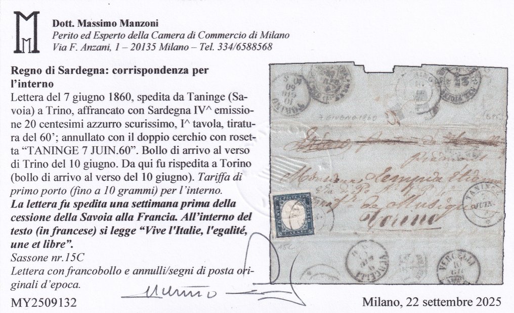 Italian Ancient States - Sardinia - 1857-1860 County of Savoy, 5 letters, with one, last days before passing to France. #1.0