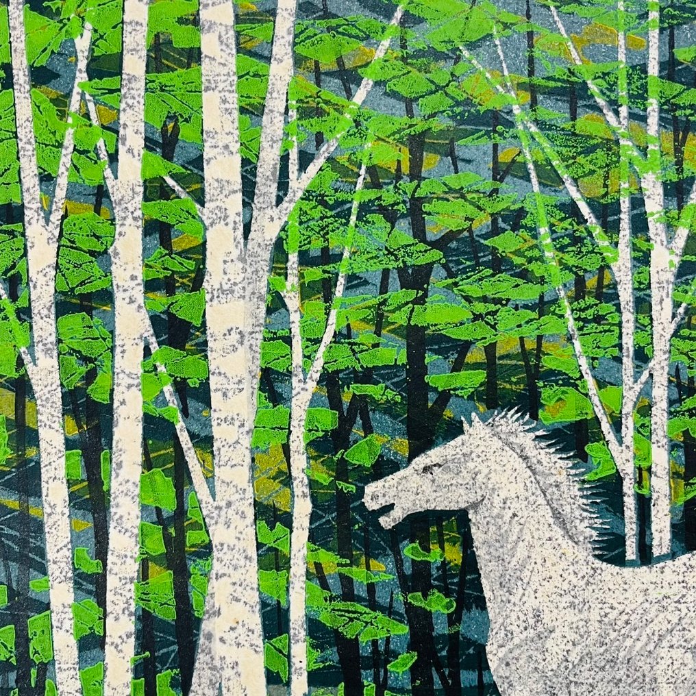 "White Horse A" [白い馬A] Edizione 1982: 90/200 - stampa xilografica - Fujita Fumio 藤田不美夫 (b. 1933) - Giappone - Periodo Shōwa (1926-1989) #2.1