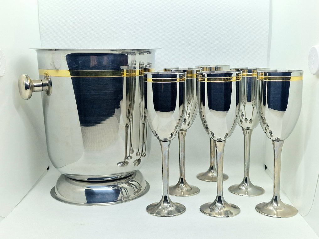 Συντηρητής σαμπάνιας (7) - Ολοκληρωμένο σε 6 φλάουτο - Ασημένιο και Χρυσό Επιχρύσωμα και Ατσάλι. - Secchiello + 6 Flute #1.0