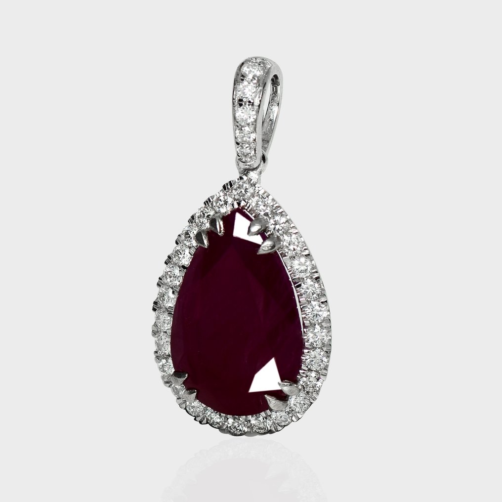 没有保留价 - 吊坠 - 14K包金 白金, HRD 5.66 克拉 未加热的红色 -  6.09ct. tw. 红宝石 - 钻石 #2.1