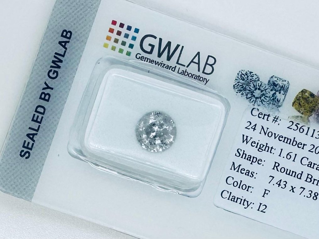 沒有保留價 - 1 pcs 鑽石  (天然)  - 1.61 ct - 圓形 - F(近乎無色) - I2 - Gemewizard Gemological Laboratory (GWLab) #1.0
