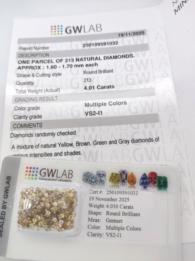 No reserve price - 213 pcs Diamond (Natural coloured) - 4.01 ct - Round Mixed colours - VS2, I1 - Gemewizard Gemological Laboratory (GWLab) #1.0
