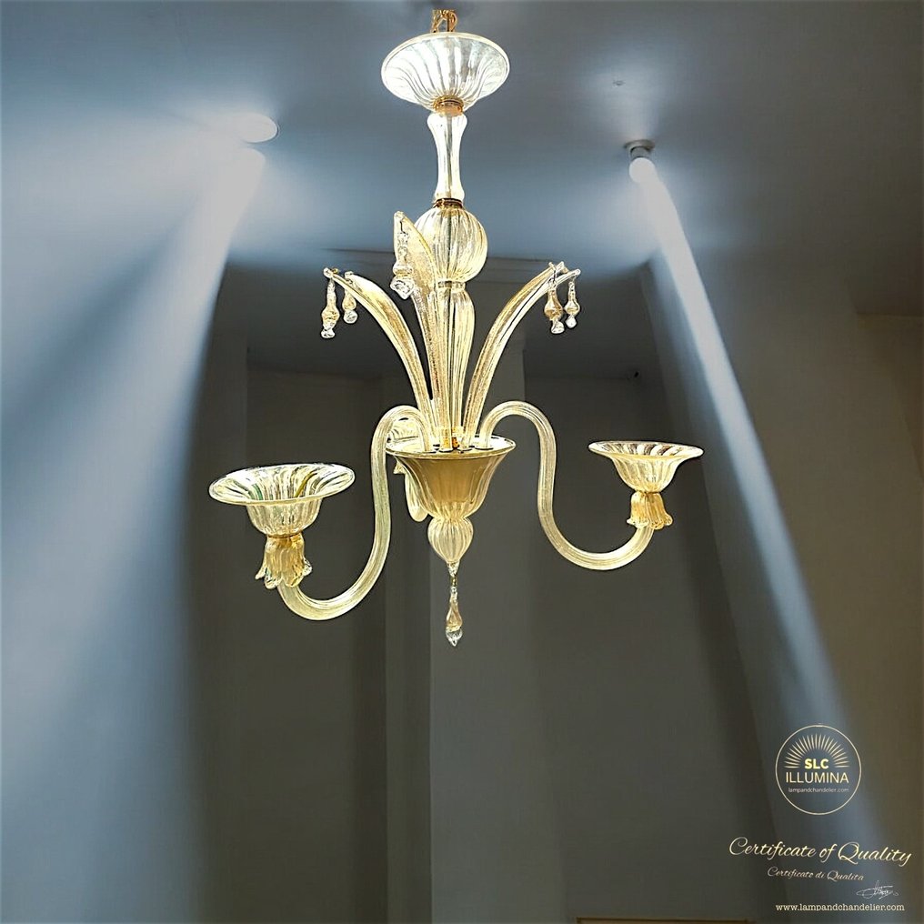 枝形吊灯 - 墙，三盏灯，金色叶子 - 穆拉诺玻璃 - Murano Veneziano #4.3