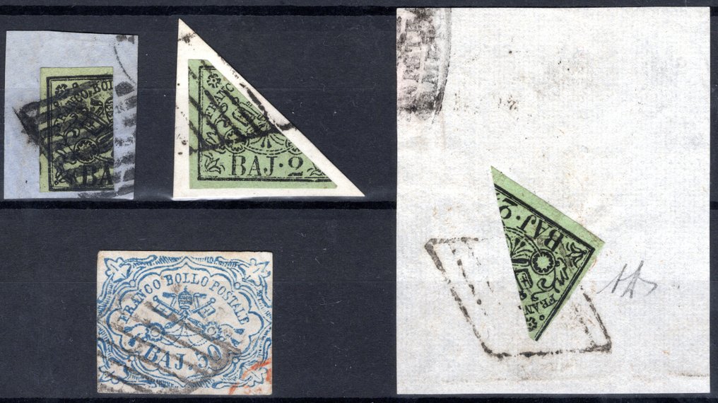 意大利古城邦-教皇国 1852 - 由3个2 Bajocchi的分割样本和1个50 Bajocchi的二手样本组成的整体 - Sassone n. 3+10 #1.0