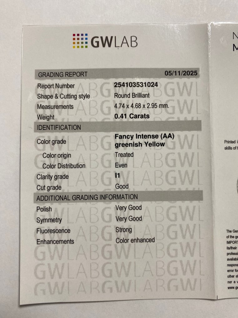 χωρίς τιμή ασφαλείας - 1 pcs Διαμάντι (Επεξεργασμένου χρώματος) - 0.41 ct - Στρογγυλό - Fancy intense Πρασινωπό Κίτρινο - I1 - Gemewizard Gemological Laboratory (GWLab) #3.2