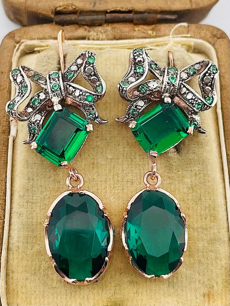 没有保留价 - 耳环 - 9 kt. 玫瑰金, 银 祖母绿 #1.0