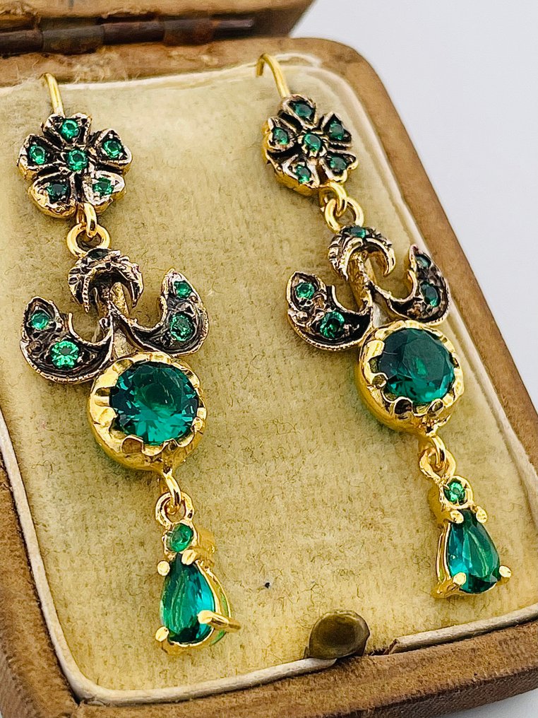 Senza Prezzo di Riserva - Orecchini - 9 kt Oro giallo, Argento Smeraldo #1.0