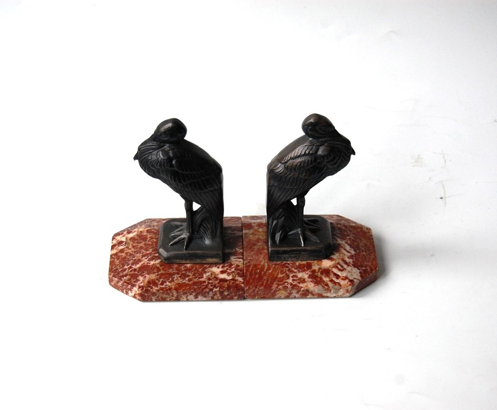 M Frecourt - Bookends (2) - Two storks - Art Deco - Metal and marble - Storks #1.0