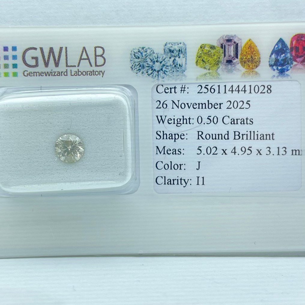 No Reserve Price - 1 pcs Diamond  (Natural)  - 0.50 ct - Round - J - I1 - Gemewizard Gemological Laboratory (GWLab) #1.0