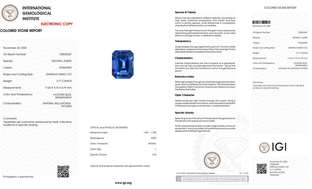 1 pcs Kék, Ibolya Tanzanit - 5.77 ct - Nemzetközi Gemmológiai Intézet (IGI) #4.3