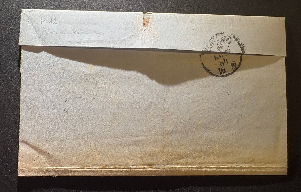 意大利王国 1864 - 1864年王国15美分DHL邮戳流动邮戳，博洛尼亚-都灵线路编号2，点数12，非常罕见。 #3.2