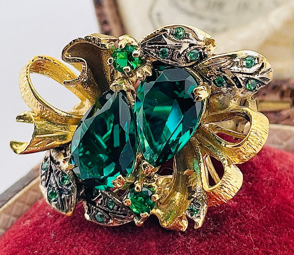 Sem preço de reserva - Anel - 9 kt. Ouro amarelo, Prata Esmeralda - Esmeralda #2.1