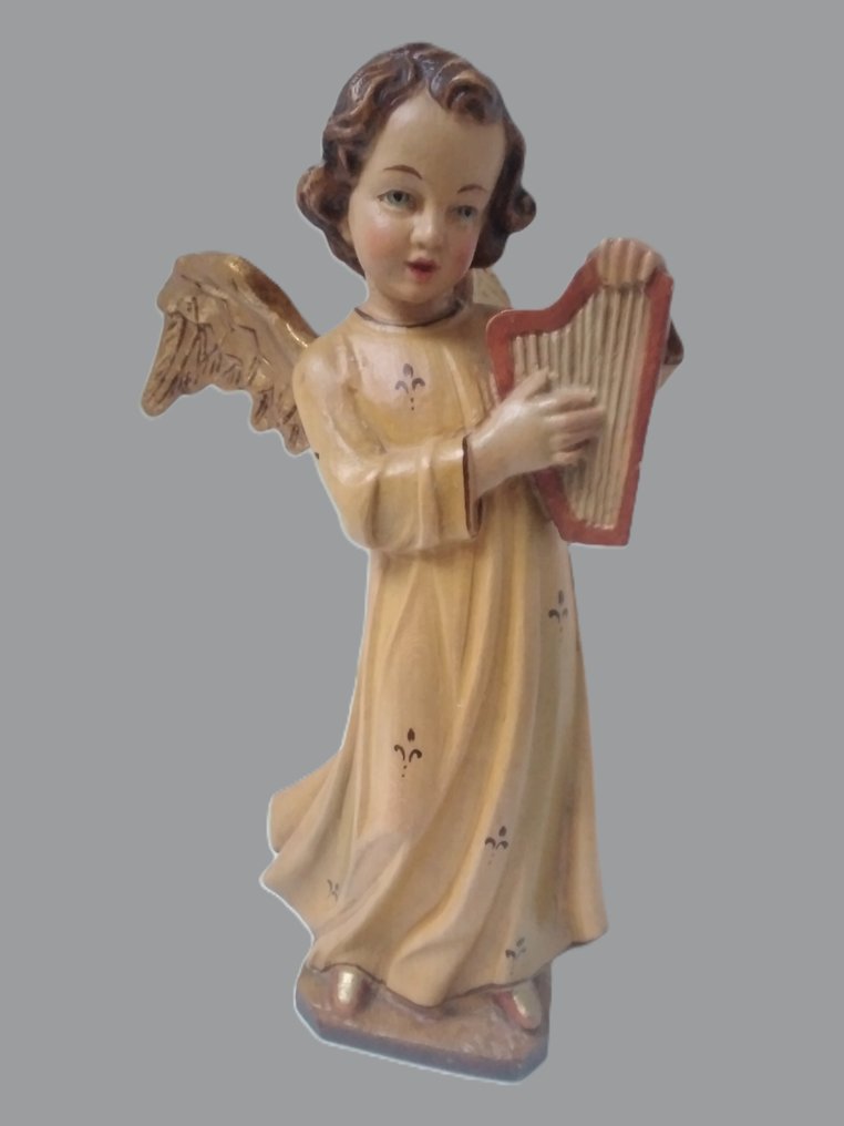 Leute - 雕刻, farbiger   Engel mit Harfe - Schutzengel - Amor - Holzfigur  - Handarbeit - 26 cm - 木 #3.2