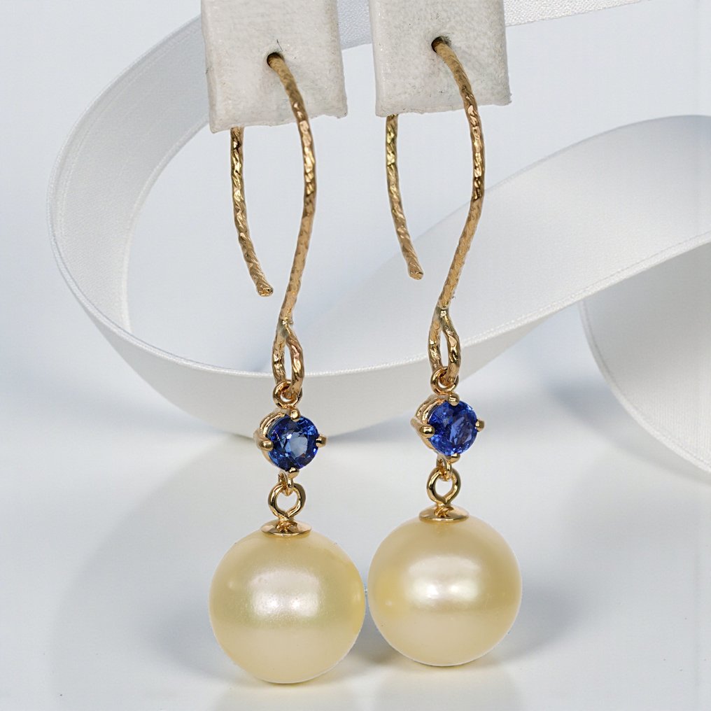 沒有保留價 - 耳環 - 14 克拉 黃金 藍寶石 - 珍珠 - 蓝宝石与SSP #3.2