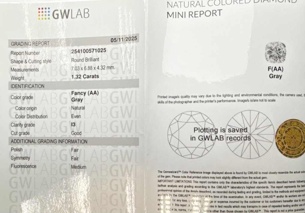 No Reserve Price - 1 pcs Diamond  (Natural coloured)  - 1.32 ct - Round - Fancy Grey - I3 - Gemewizard Gemological Laboratory (GWLab) #2.1
