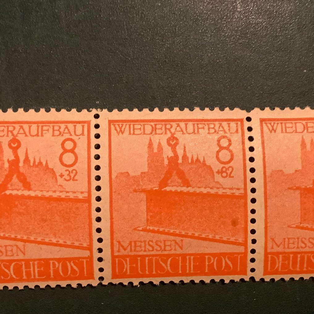 Germany - Local postal areas 1945 - MeiBen: strip of three where the middle seal has a plate error +62 instead of +32. - Michel 37A en 37A I #4.3