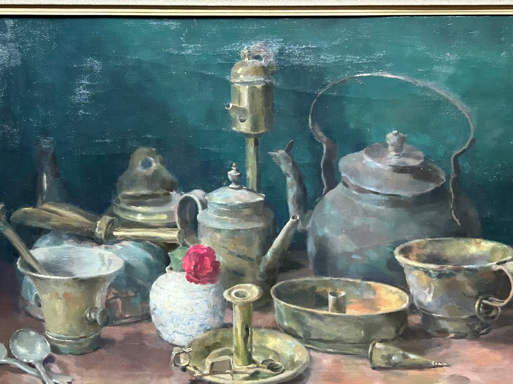 G A Brender á Brandis (1878 - 1971) - Stilleven met vijzel , bolvaas en koperen kandelaars #3.2