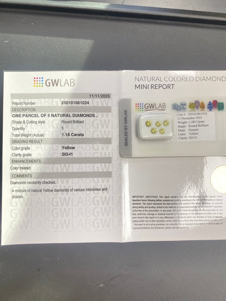 沒有保留價 - 5 pcs 鑽石 (經顏色處理) - 1.18 ct - 圓形 黃色 - SI3, I1 - Gemewizard Gemological Laboratory (GWLab) #4.3
