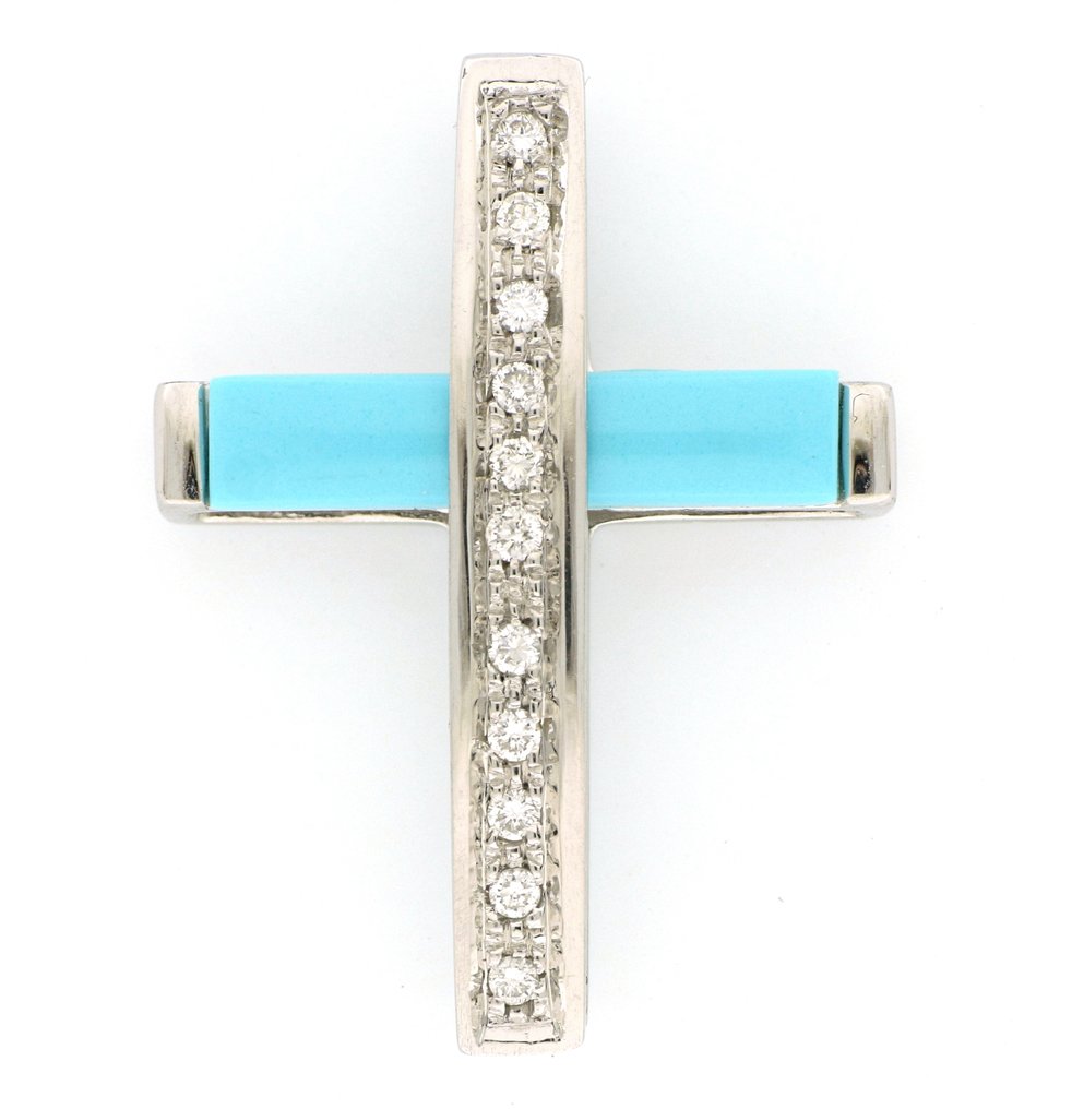 χωρίς τιμή ασφαλείας - Κρεμαστό κόσμημα - 18 καράτια Λευκός χρυσός -  0.22ct. tw. Διαμάντι (Φυσικό)  - Τυρκουάζ #1.0