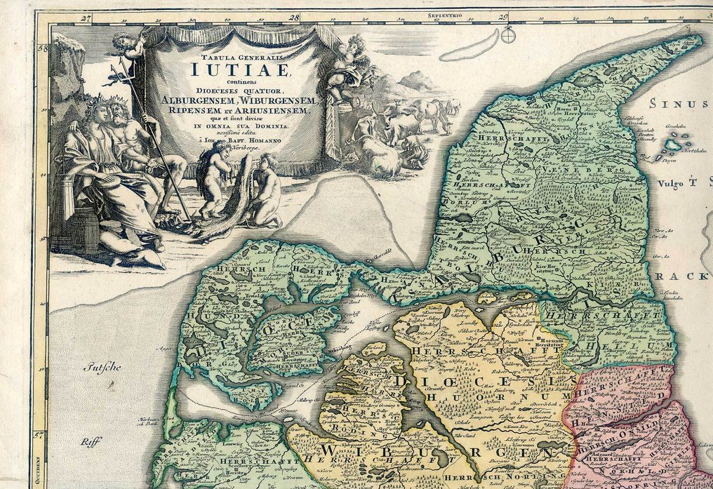Germania - Dänemark - Jütland; Johann Baptist Homann - Tabula Generalis Iutiae continens Dioeceses Quatuor, Alburgensem, Wiburgensem, Ripensem et - 1701-1720 #1.0
