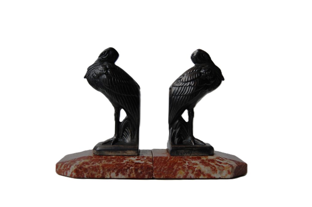 M Frecourt - Bookends (2) - Two storks - Art Deco - Metal and marble - Storks #1.0