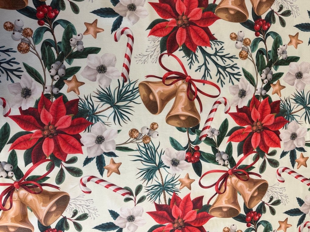 优雅的桌布，适用于大型餐桌，具有圣诞主题，装饰有铃铛、糖棒和雪花。 - 桌布  - 3 m - 1.42 m #2.1