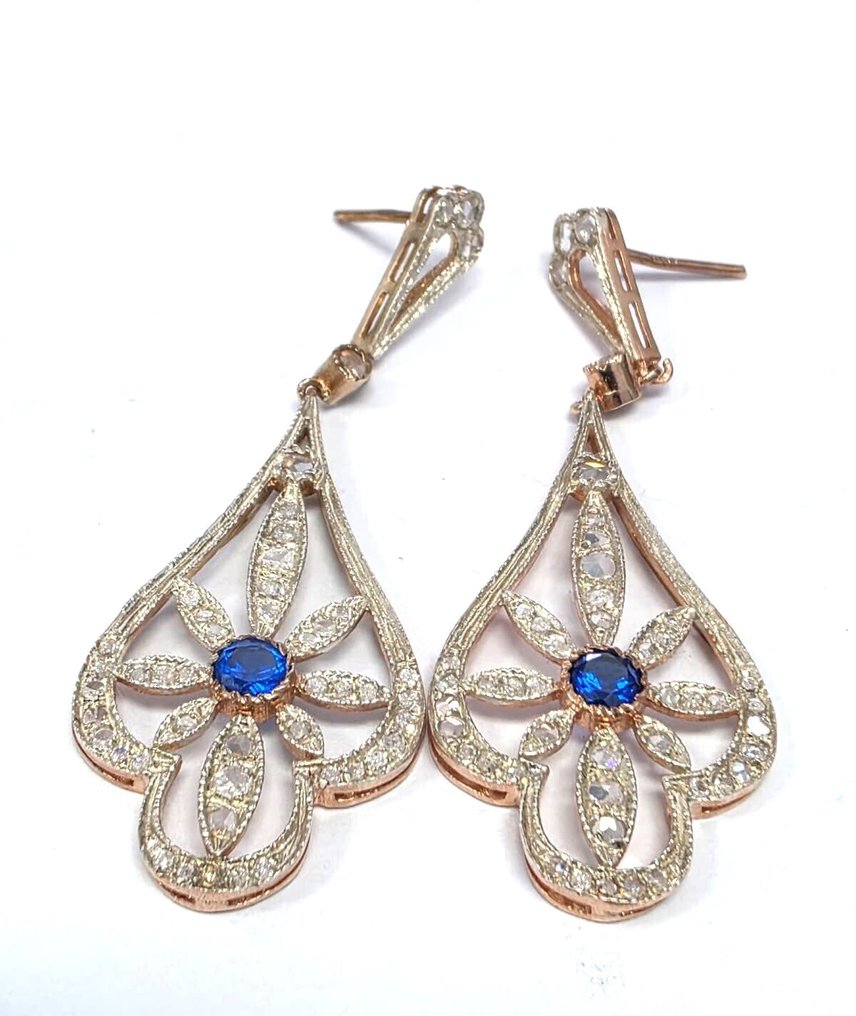 没有保留价 - 耳环 - 9 kt. 玫瑰金, 银 蓝宝石 - 钻石 #2.1