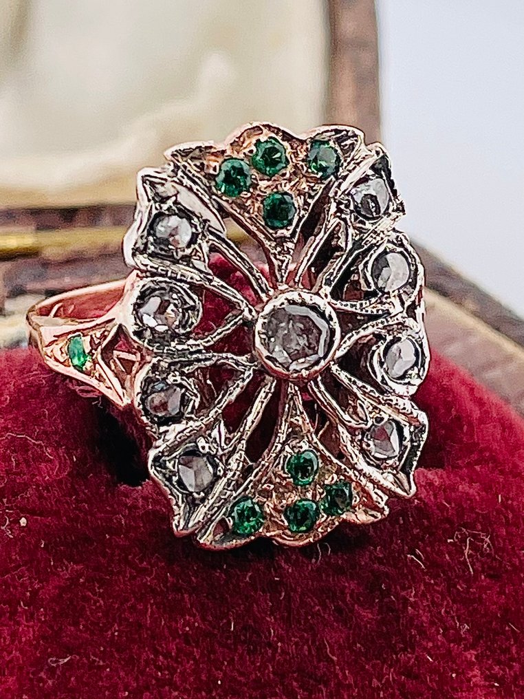 Nincs minimálár - Gyűrű - 9 Kt Rózsa arany, Ezüst Smaragd - Gyémánt #1.0