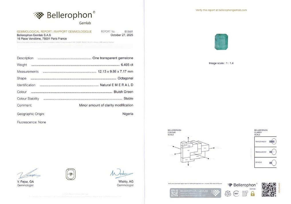 No reserve price Emerald  - 6.49 ct - Bellerophon Gemlab - Bluish Green (Nigeria) #4.3