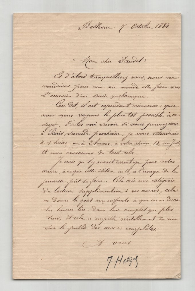 Pierre-Jules Hetzel - Lettre autographe signée à Alphonse Daudet - « il y aurait avantage pour votre œuvre » - 1884 #1.0