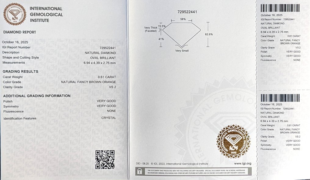 Nincs minimálár - 1 pcs Gyémánt  (Természetes színű)  - 0.61 ct - Ovális - Fancy Barna Narancssárga - VS2 - Nemzetközi Gemmológiai Intézet (IGI) #1.0