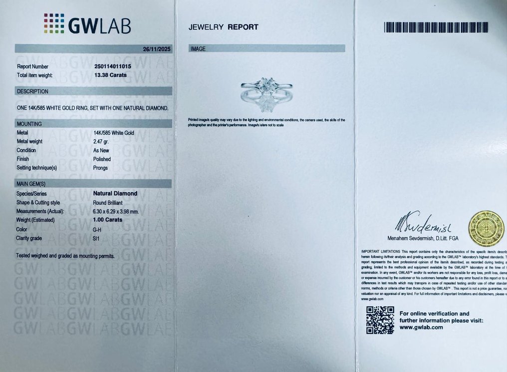 Sormus - 14 kt. Valkokulta - 1.00ct. tw. Timantti (Luonnollinen) #3.2