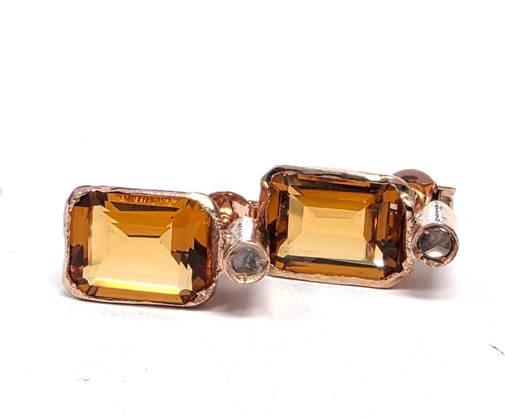 没有保留价 - 耳环 - 9 kt. 玫瑰金, 银 黄水晶 - 钻石 #1.0