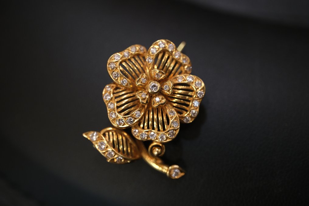Καρφίτσα - 19,2 kt. Κίτρινο χρυσό - Διαμάντια λουλούδια #1.0