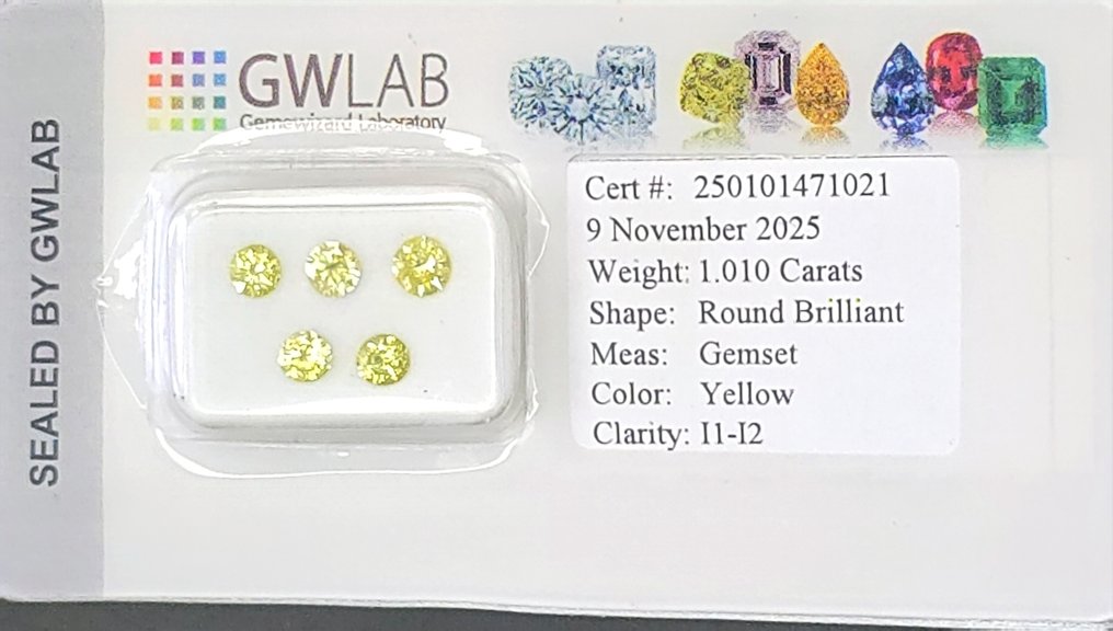 Sans prix de réserve - 6 pcs Diamant  (Traitement de couleur)  - 1.01 ct - Rond Jaune - I1, I2 - Gemewizard Gemological Laboratory (GWLab) #1.0
