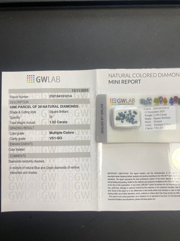 没有保留价 - 28 pcs 钻石 (经彩色处理) - 1.02 ct - 方形 蓝色, 绿色 蓝色, 绿色 - VS1 轻微内含一级, SI2 微内三含级 - Gemewizard宝石实验室(GWLab) #4.3