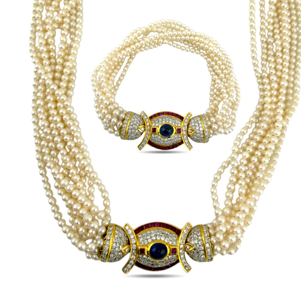 2-osainen korusetti - 18 kt. Keltakulta, Eksklusiivinen 18K keltakultainen helmirannekoru, 9,60 ct timantteja, 2,40 ct rubiineja ja 2,50 ct - 14.50ct. tw. Timantti (Luonnollinen) - Rubiini #1.0