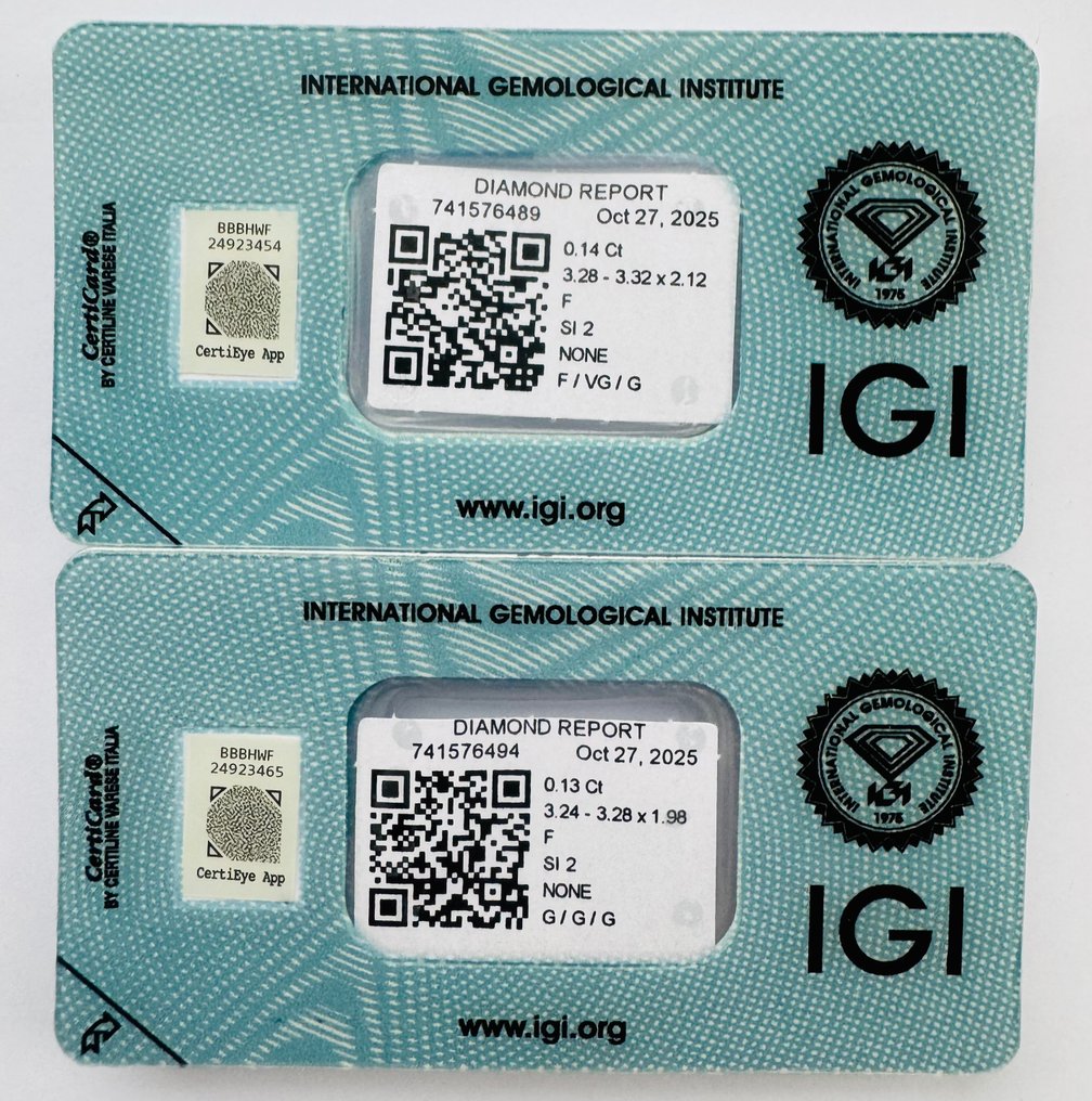 Zonder Minimumprijs - 2 pcs Diamant  (Natuurlijk)  - 0.27 ct - Rond - F - SI2 - International Gemological Institute (IGI) - Matching Pair #1.0