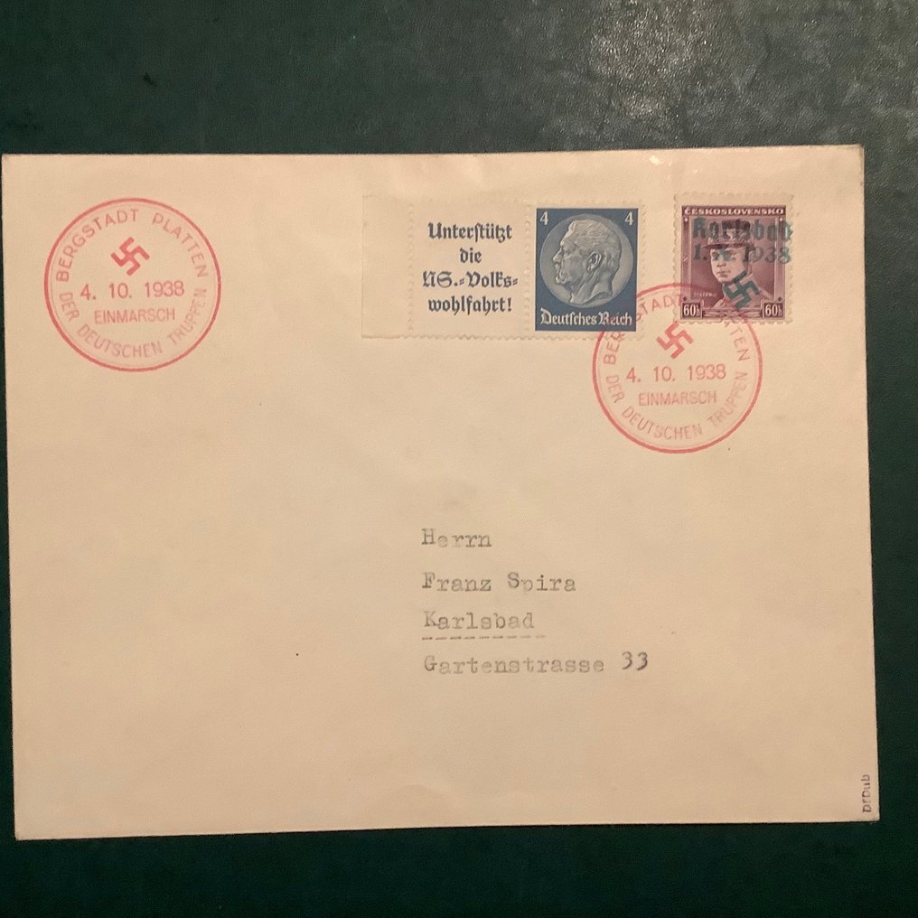 Boemia e Moravia 1938 - Karlsbad: 60h con scritta libera sulla busta filatelica - autenticato dal Dr Dubb - Michel 8 #1.0