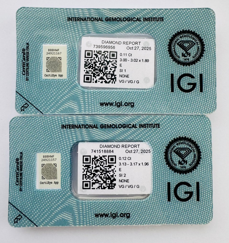 没有保留价 - 2 pcs 钻石 (天然) - 0.23 ct - 圆形 - E - SI1 微内含一级, SI2 微内含二级 - 国际宝石研究院(IGI) - 一对 #1.0